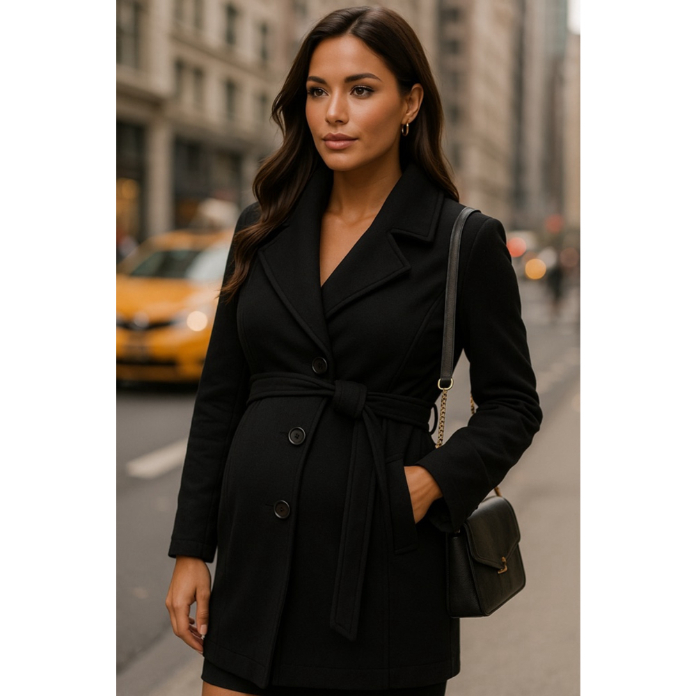 Motherhood‎ Maternity Black Pea Coat Wrap Button Belt Stretchy Buttery Soft Warm